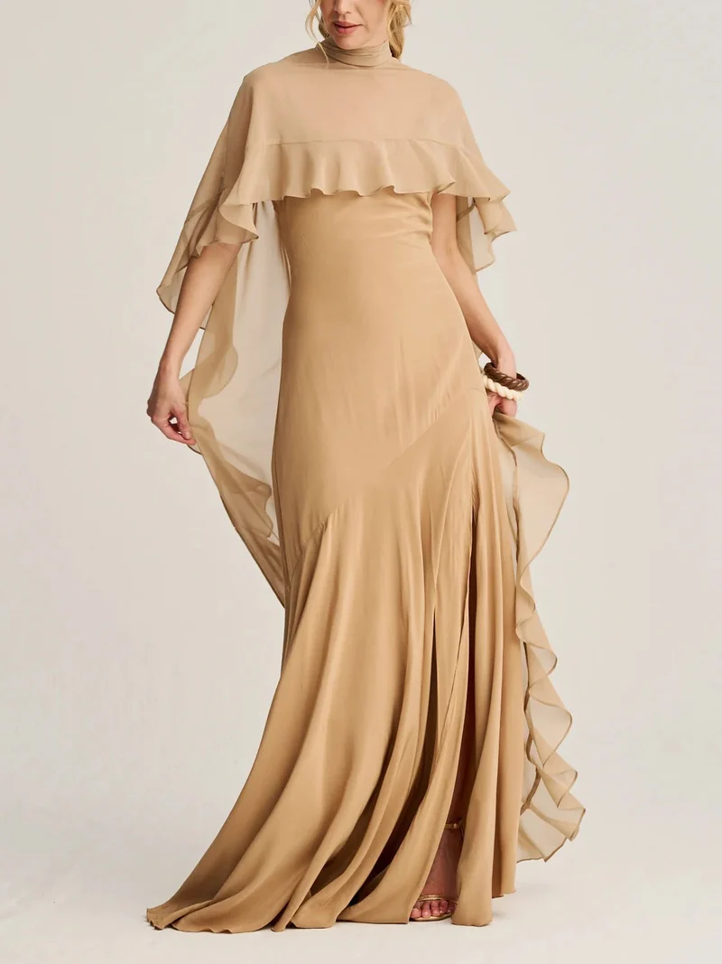 Elegant High Neck Ruffle Cape Maxi Dress