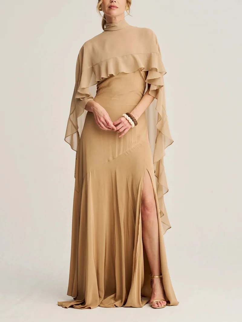 Elegant High Neck Ruffle Cape Maxi Dress