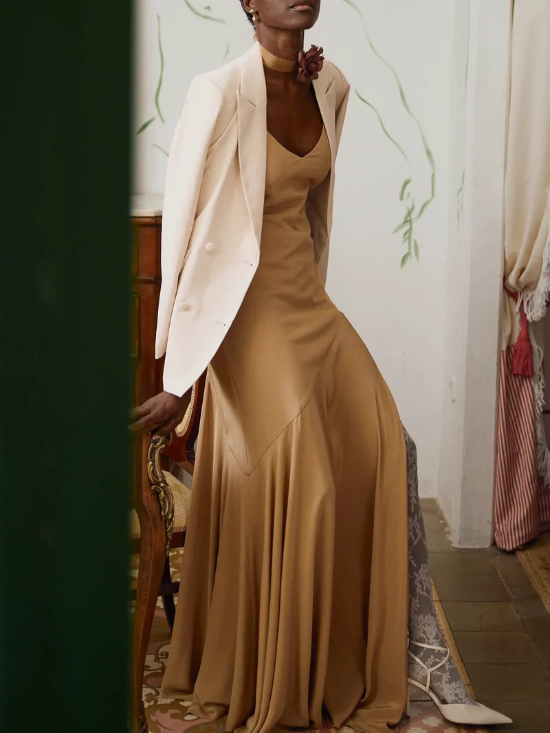 Elegant High Neck Ruffle Cape Maxi Dress