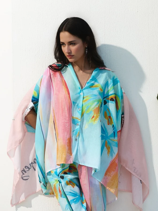 Unique oil painting coconut tree print bat sleeve shirt