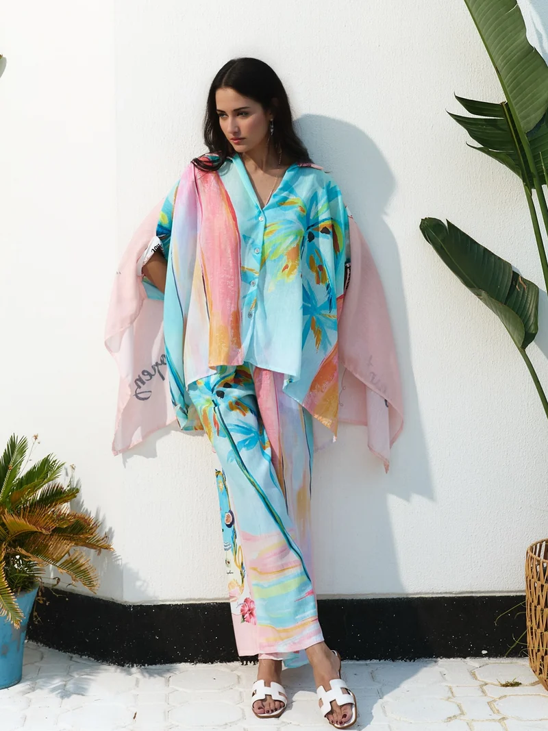 Unique Oil Painting Coconut Tree Print Wide Leg Pants