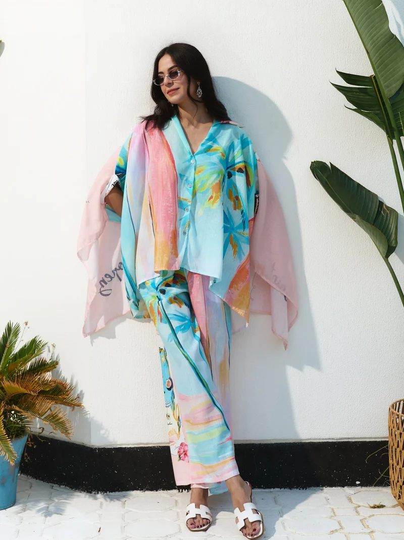 Unique Oil Painting Coconut Tree Print Wide Leg Pants