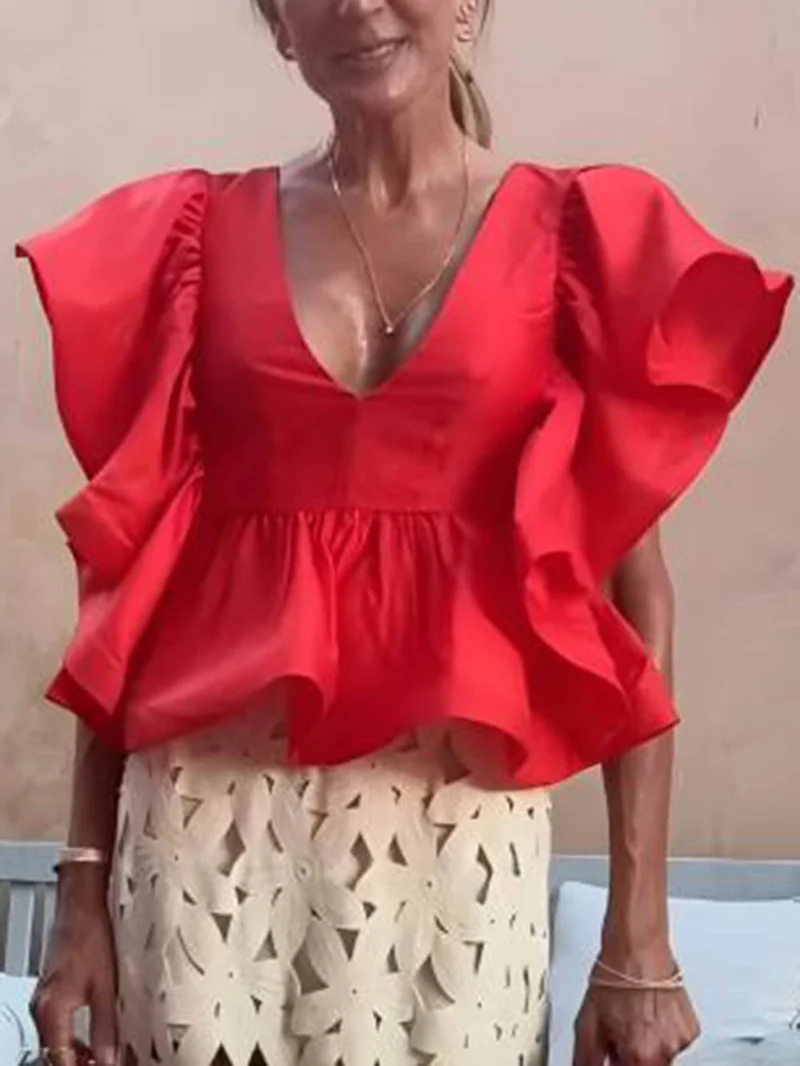 Exquisite Ruffled Panel Ruched Loose Top