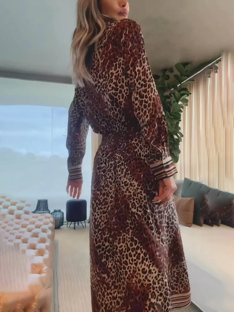 Retro Classic Leopard Print Patchwork Lace-Up Loose Shirt