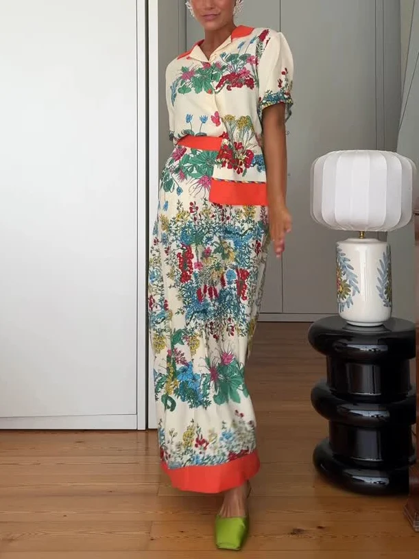 Exquisite Botanical Print Contrast Trim Shirt
