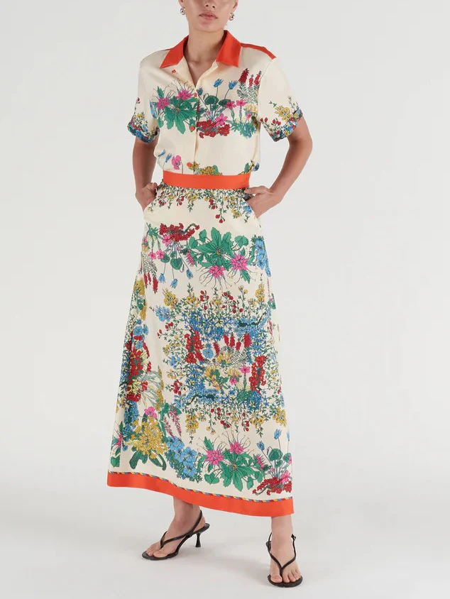 Exquisite Botanical Print Contrast Trim Shirt