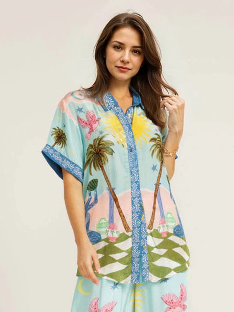 Casual Palm Tree Print Elastic Waist Pocket Wide-Leg Pants