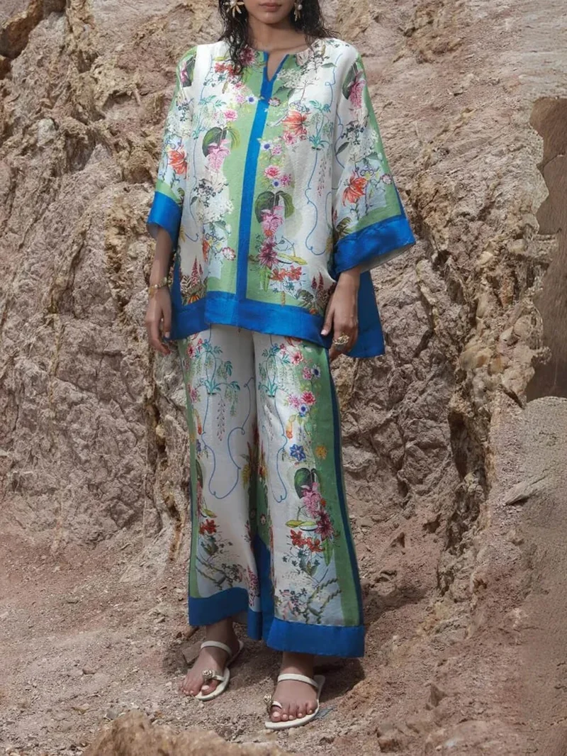 Modern Satin Floral Patchwork Wide-Leg Pants