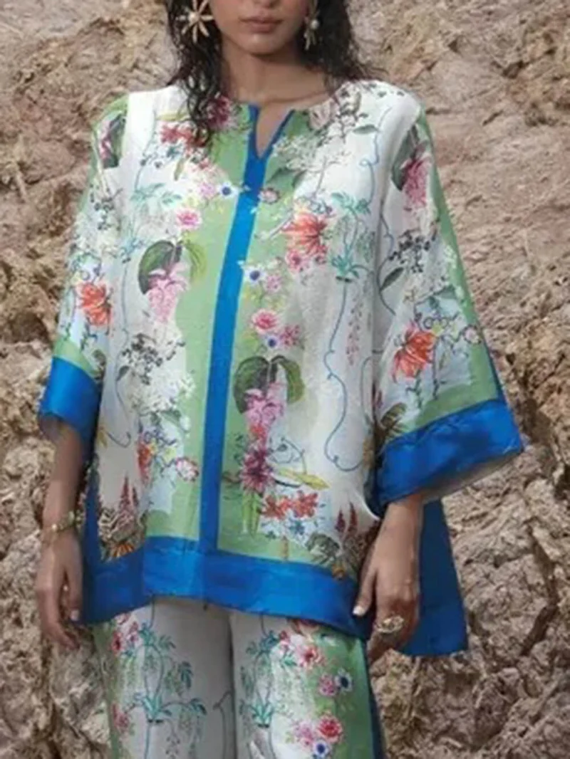 Modern Muse Unique Satin Floral Print Patchwork Oversized Shirt