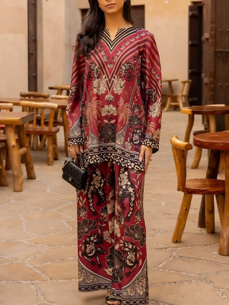 Unique Floral Patchwork With Elastic Waist Wide-Leg Pants