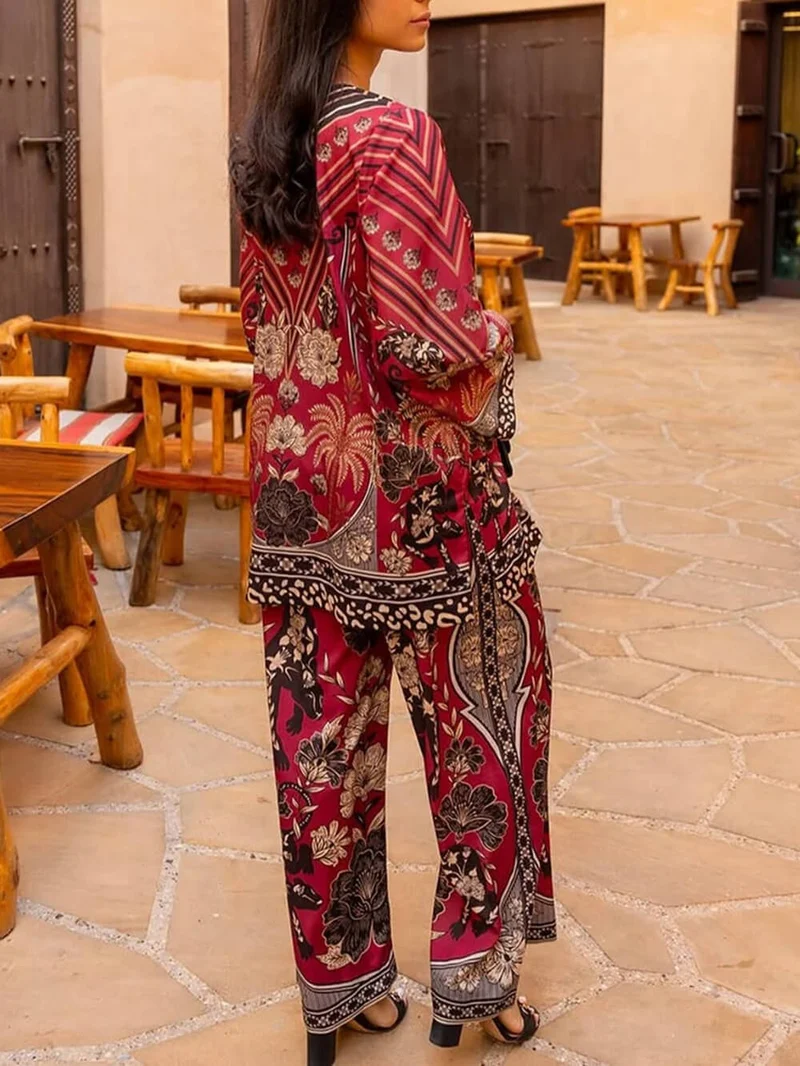 Unique Floral Patchwork With Elastic Waist Wide-Leg Pants