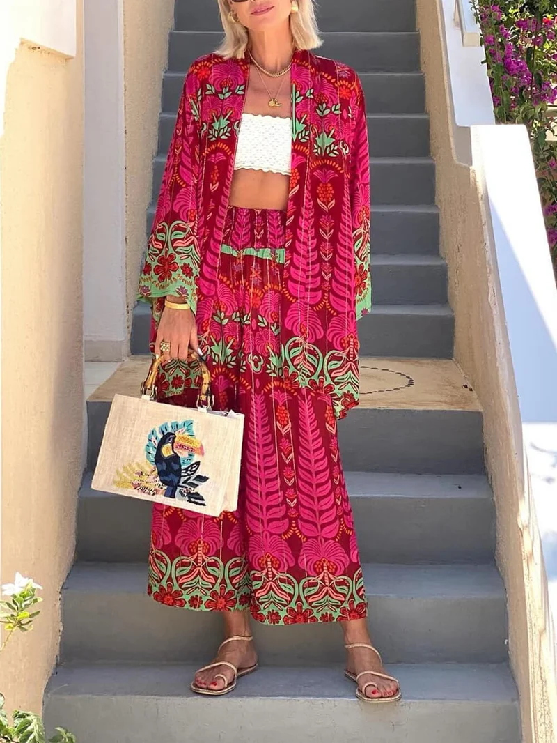 Unique Ethnic Floral Print With Elastic Waist Wide-Leg Pants