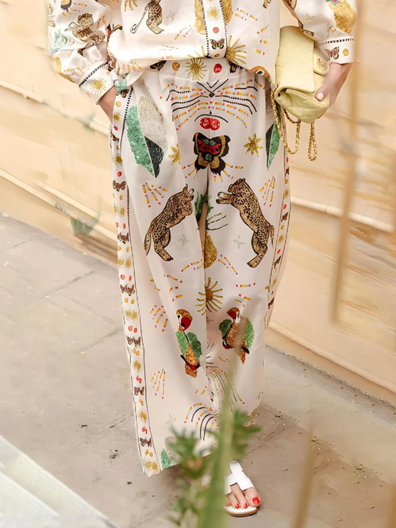 Fashionable Tiger Pattern Print Linen Loose Pocket Wide-Leg Pants