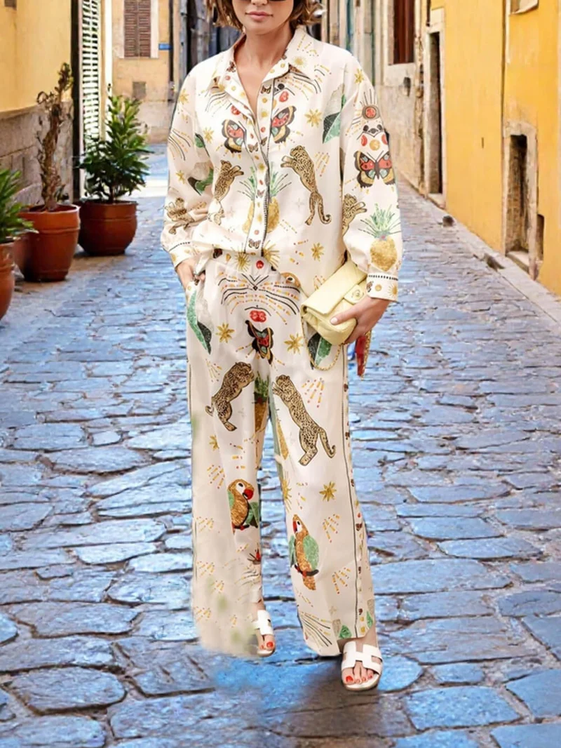 Fashionable Tiger Pattern Print Linen Loose Pocket Wide-Leg Pants