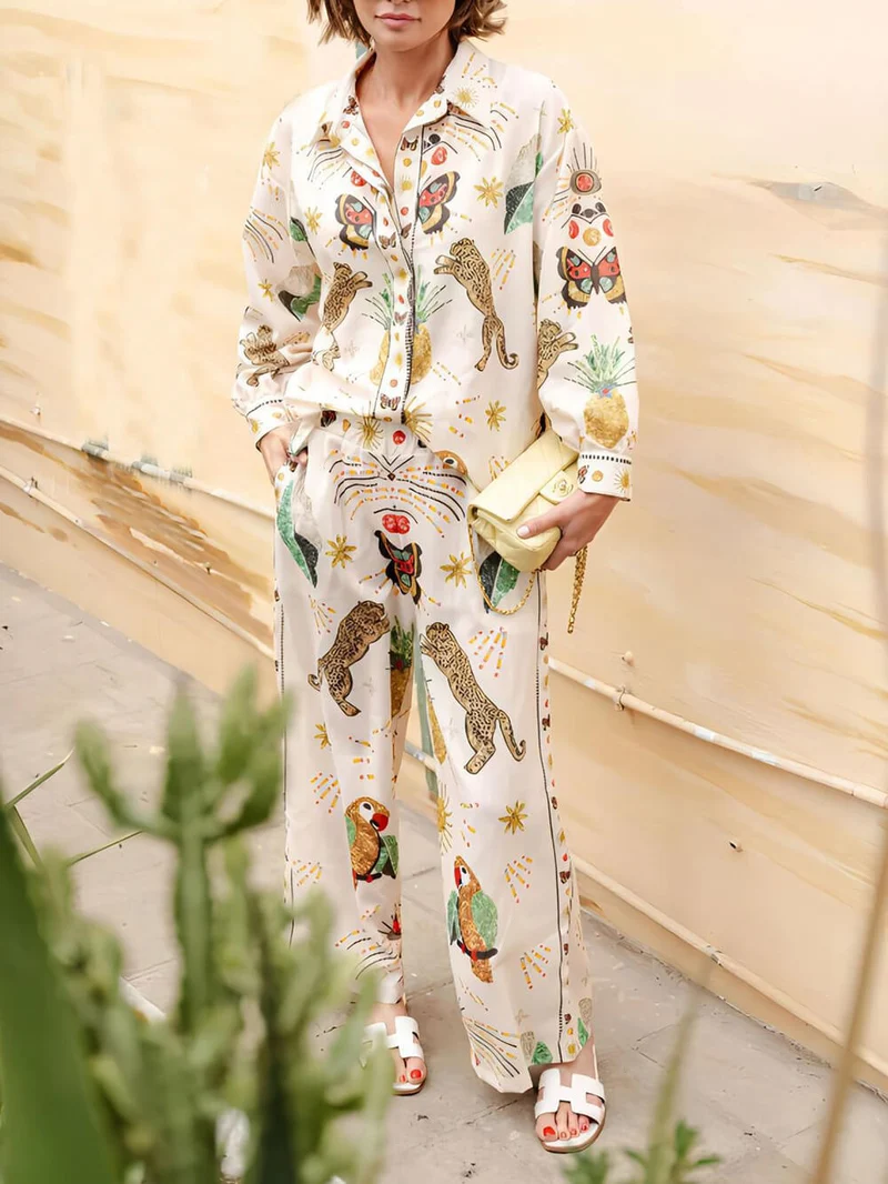 Fashionable Tiger Print Linen Loose Button-Up Shirt