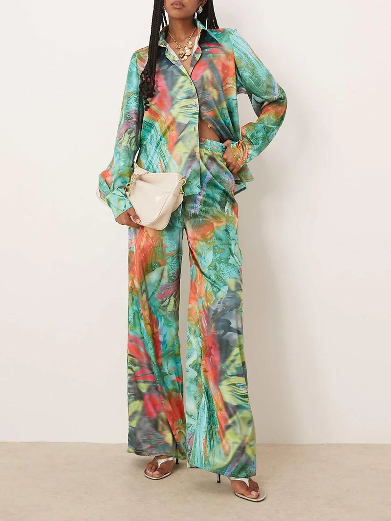 Unique Satin Oil Painting Print Elastic Waist Loose Wide-Leg Pants