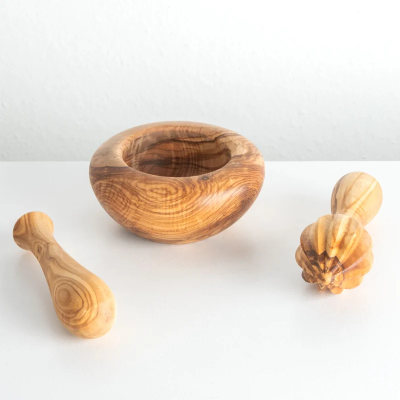 Set Culinaire Essentiel en Bois d’Olivier Fait Main (Mortier & Presse-Citron)