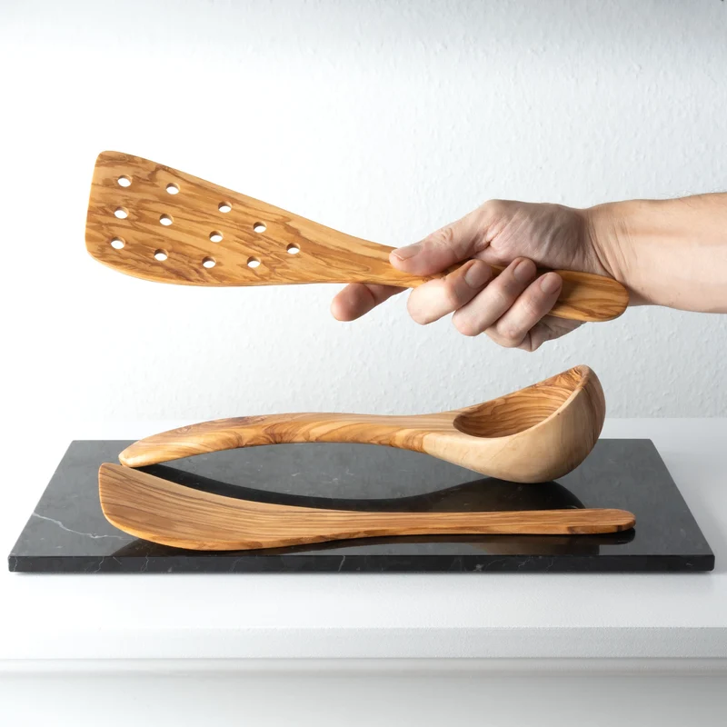Set d’Ustensiles de Cuisine en Bois d’Olivier Fait Main (3 Pièces)