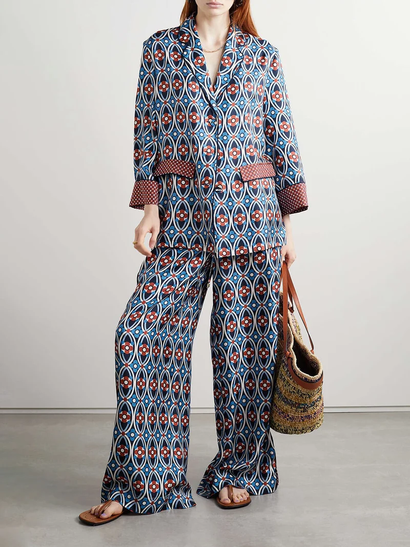 Unique Venice Print Satin Twill Elastic-Waist Wide-Leg Pants