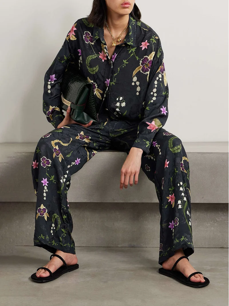 Elegant Floral Print Satin Straight-Leg Pants
