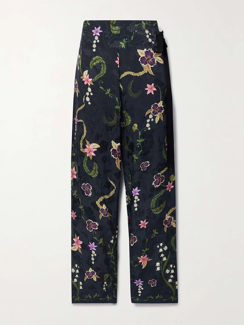 Elegant Floral Print Satin Straight-Leg Pants