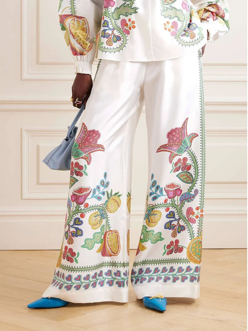 Unique Bow Tie Neck Floral Satin Ruffle Loose Blouse