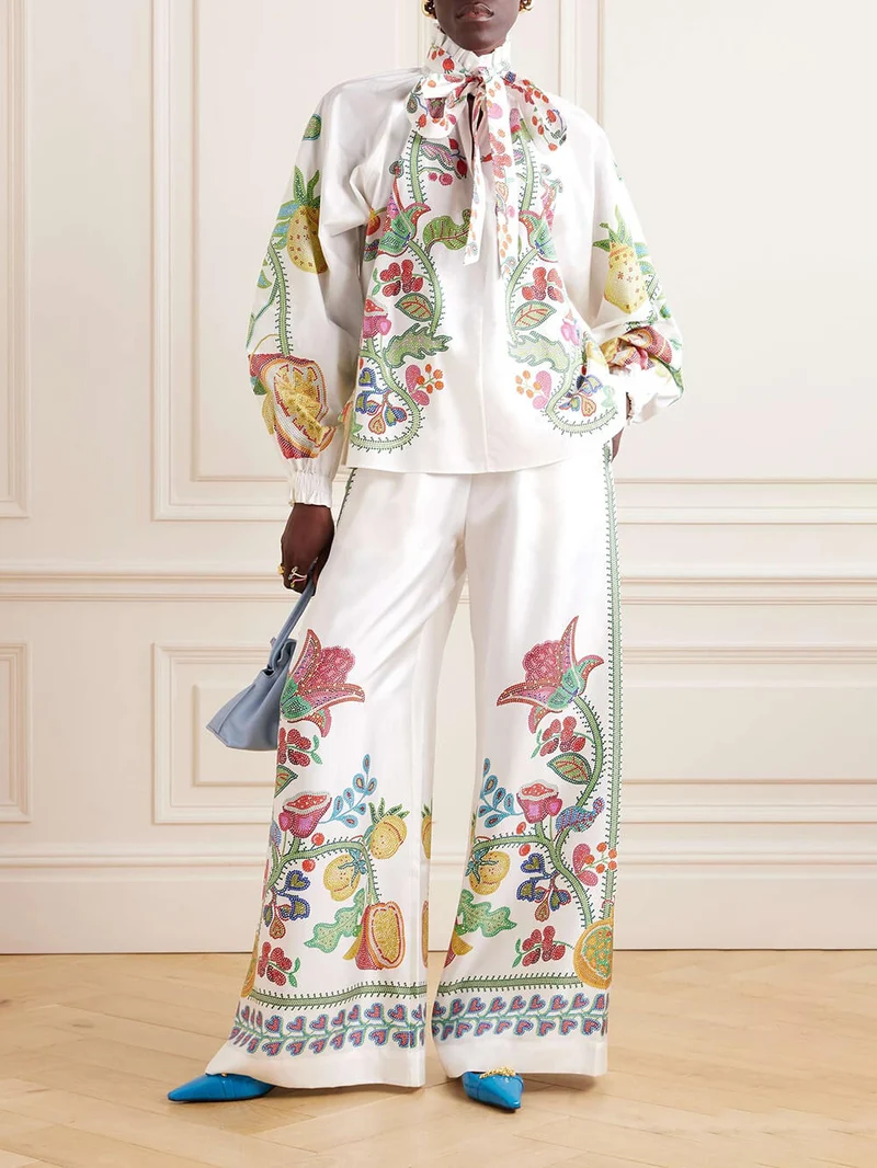 Unique Bow Tie Neck Floral Satin Ruffle Loose Blouse