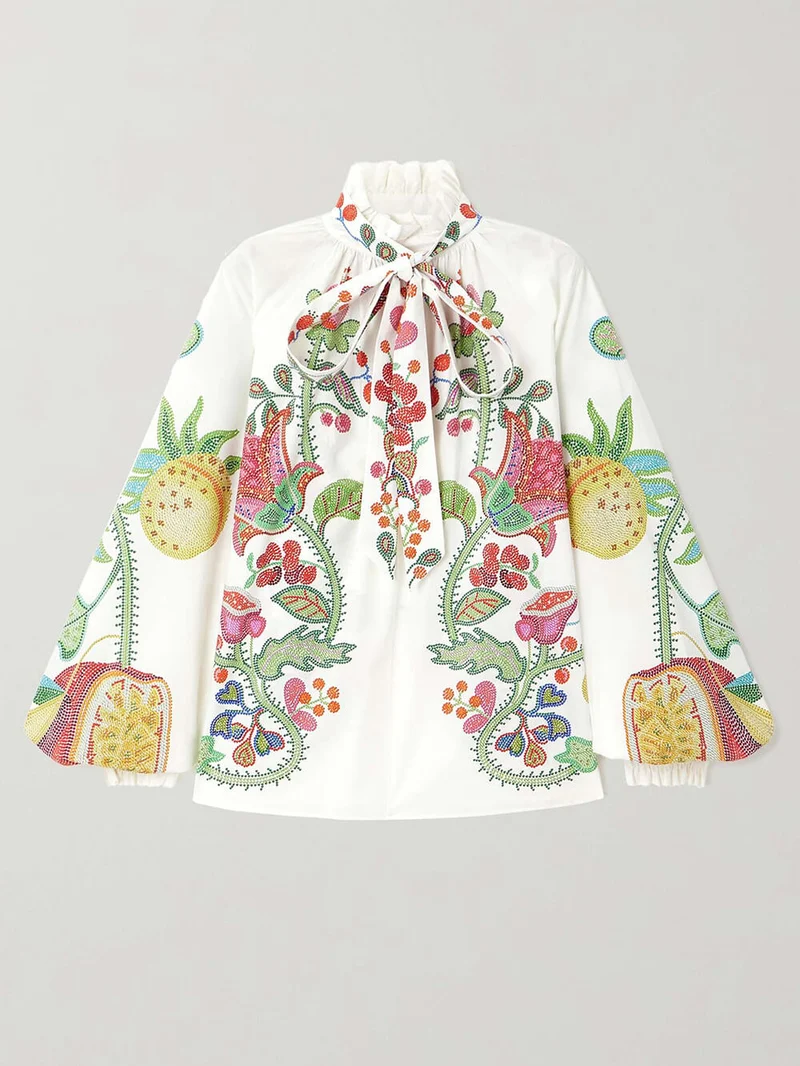 Unique Bow Tie Neck Floral Satin Ruffle Loose Blouse