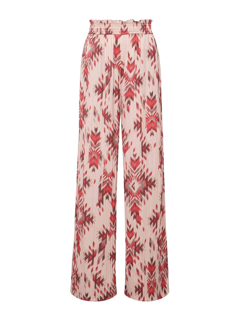 Retro Print Satin With Pleats Elastic Pockets Wide-Leg Pants