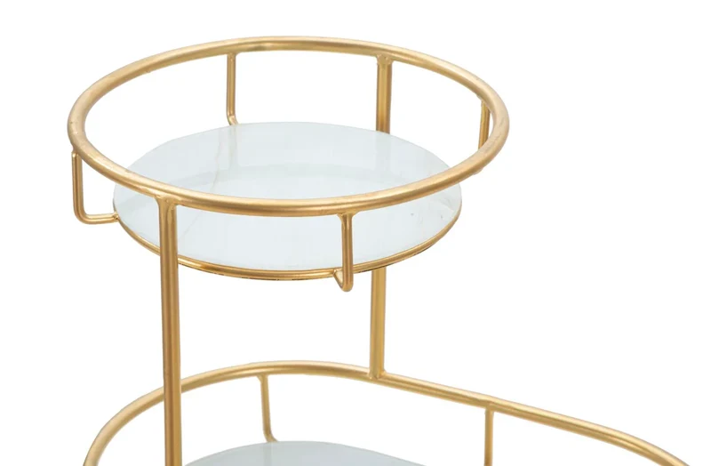 Plateau en métal et verre doré avec 2 étagères