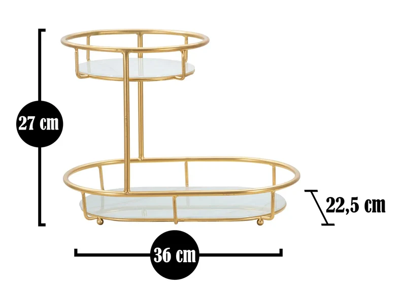Plateau en métal et verre doré avec 2 étagères