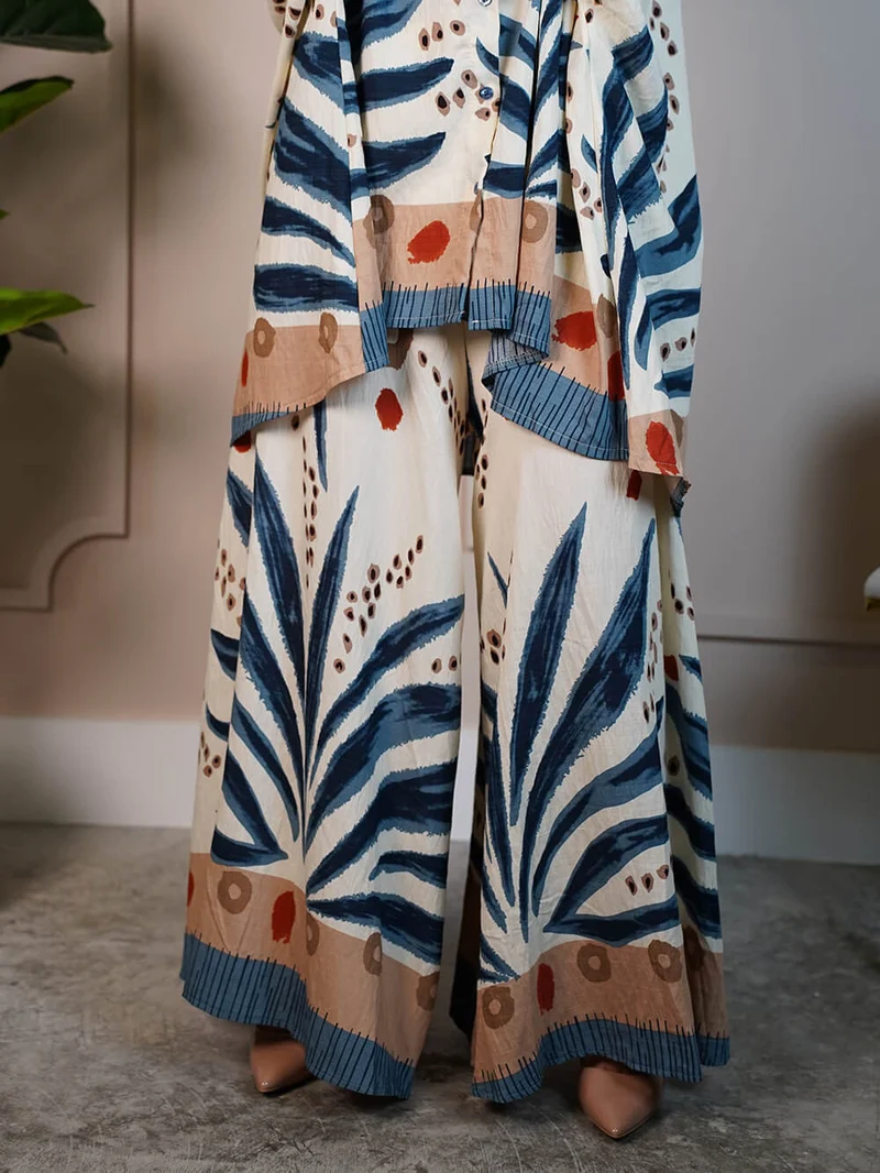 Unique Patchwork Print Elastic Waist Loose Pocket Wide Leg Pants