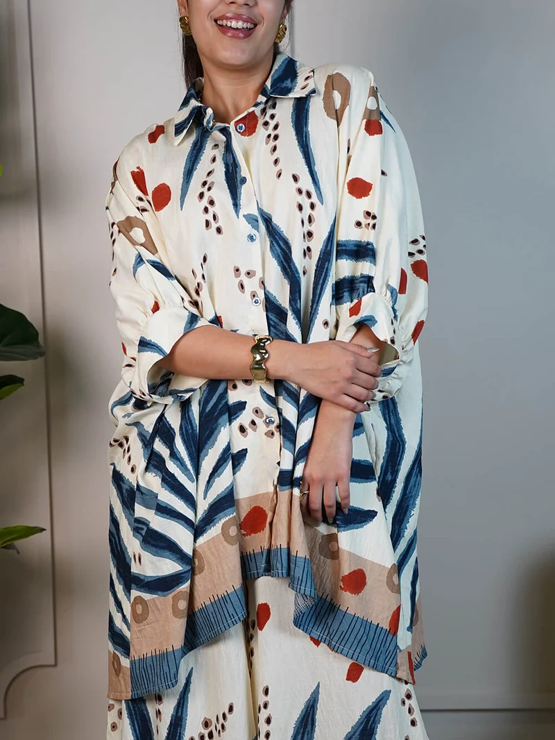 Unique Patchwork Print Elastic Waist Loose Pocket Wide Leg Pants