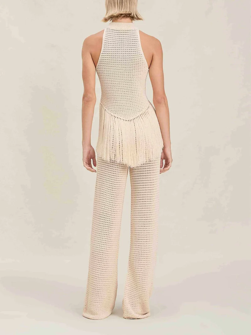 Exquisite Stand Collar Knitted Fringe Top