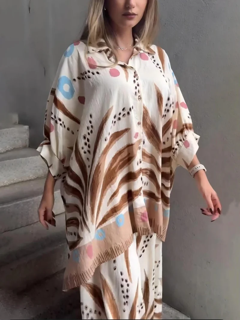 Unique Bohe Print Colorblock Elastic Waist Loose Fit Wide Leg Pants