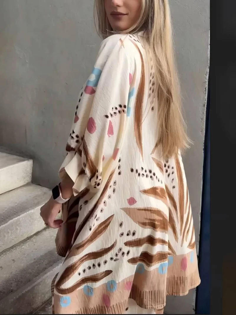 Unique Bohe Print Colorblock Elastic Waist Loose Fit Wide Leg Pants