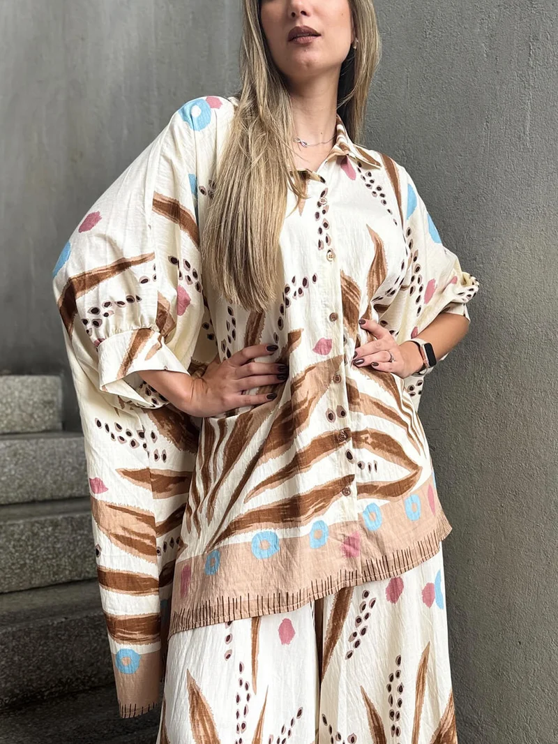 Unique Bohe Print Colorblock Drop Shoulder Sleeve Loose Fit Oversized Button Shirt