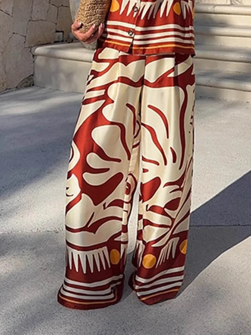 Unique Printed Satin High-Waisted Wide-Leg Pants
