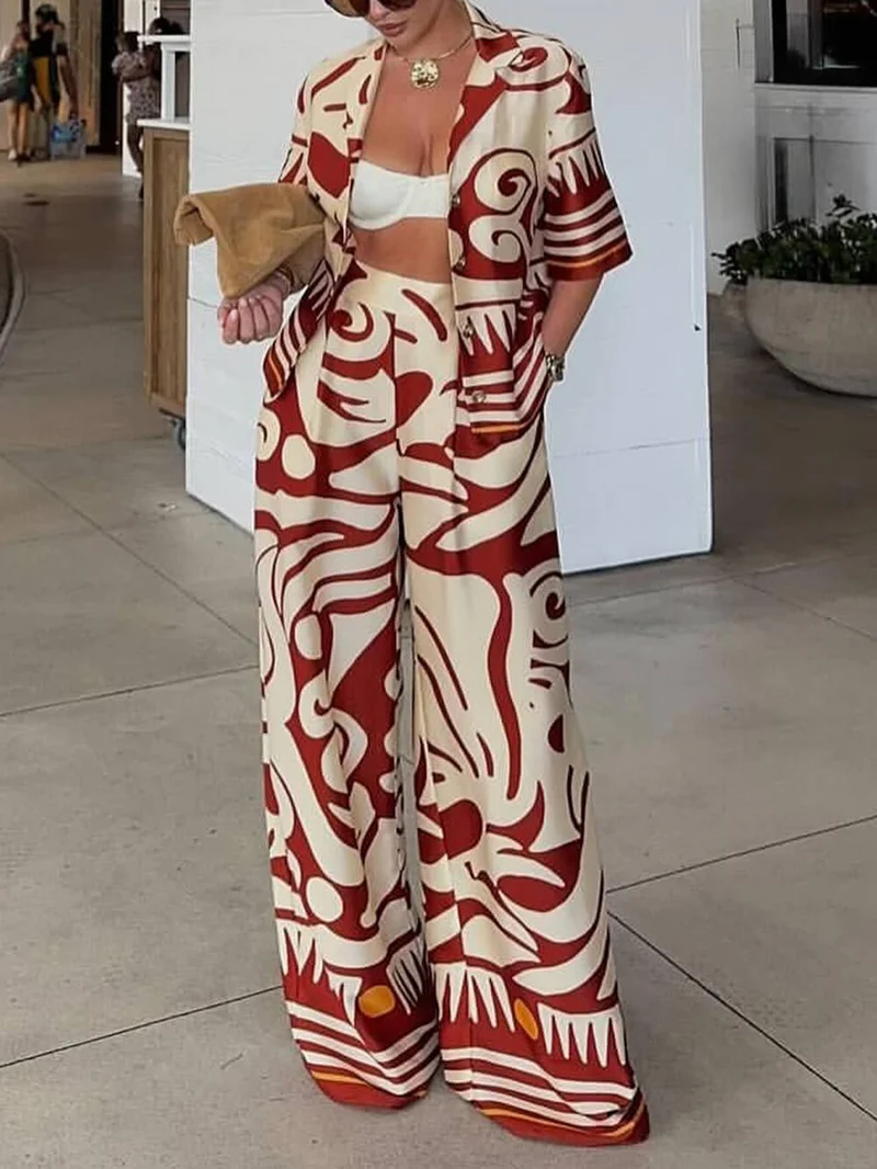 Unique Printed Satin High-Waisted Wide-Leg Pants