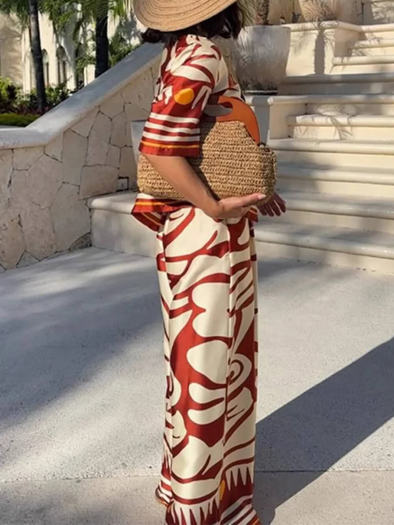 Unique Printed Satin High-Waisted Wide-Leg Pants