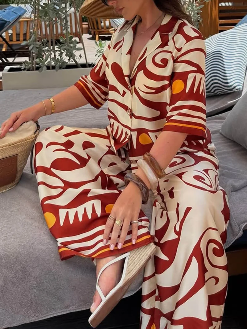 Unique Printed Lapel Satin Loose Shirt