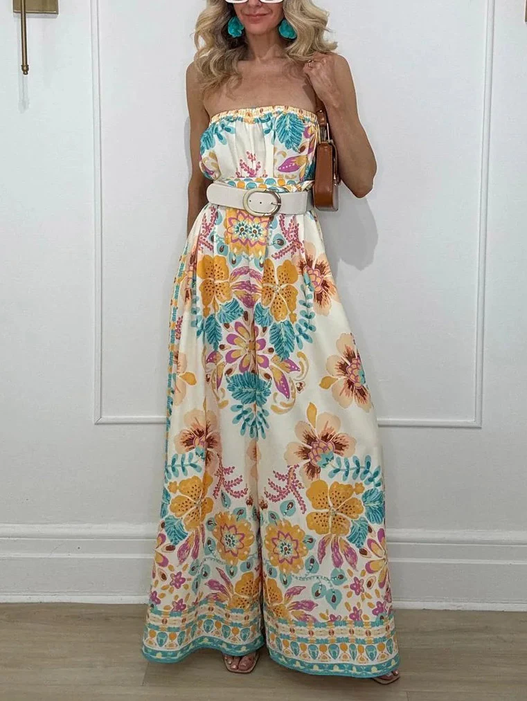 Exquisite Folk Style Printed Wrap Collar Jumpsuit