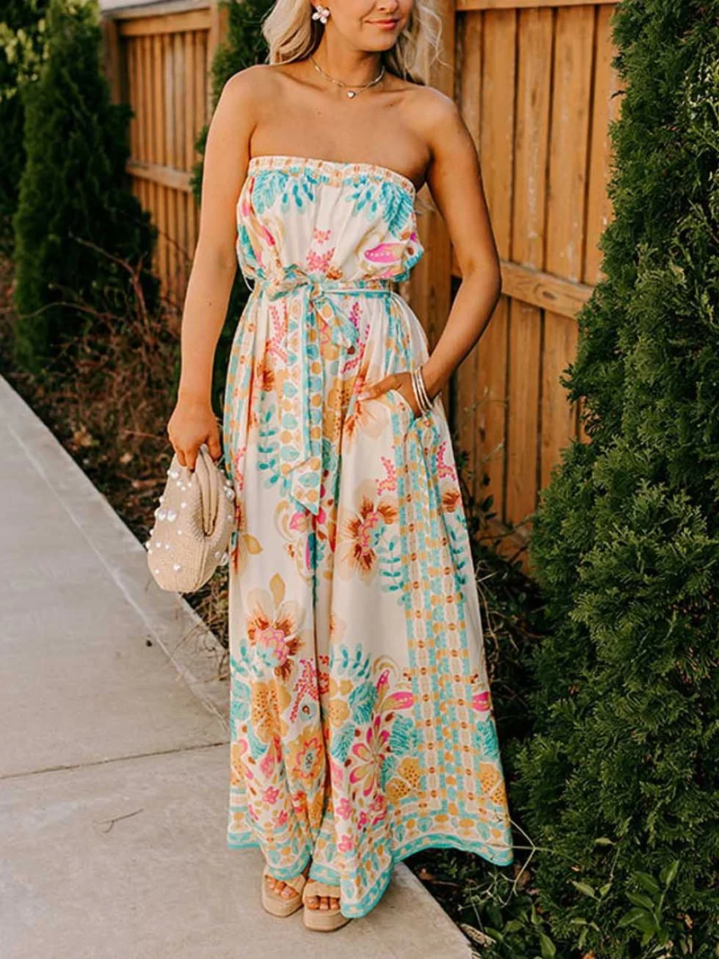 Exquisite Folk Style Printed Wrap Collar Jumpsuit