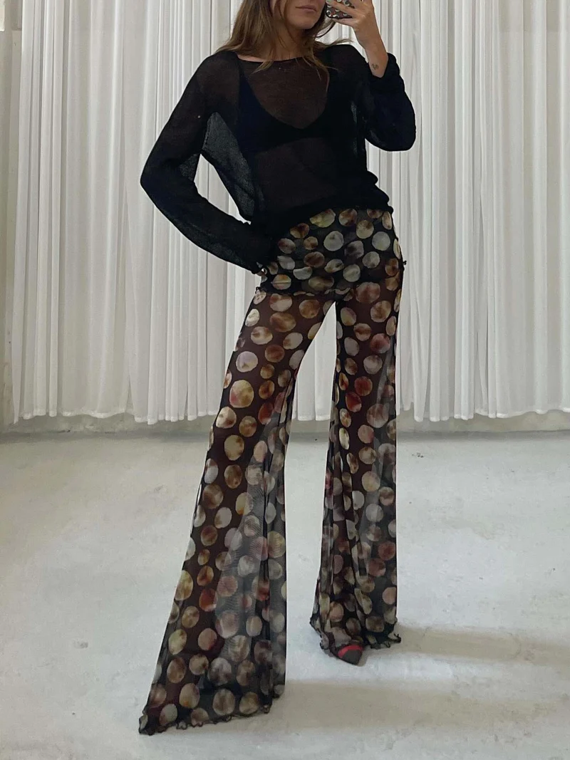 Exquisite Mesh Print High-waisted Flared Pants