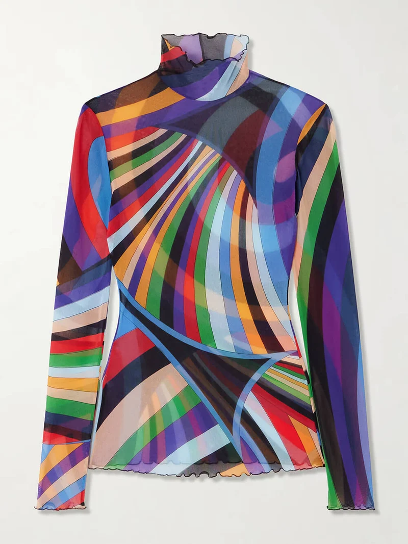 Retro Print Stretch Sheer Mesh Turtleneck Top