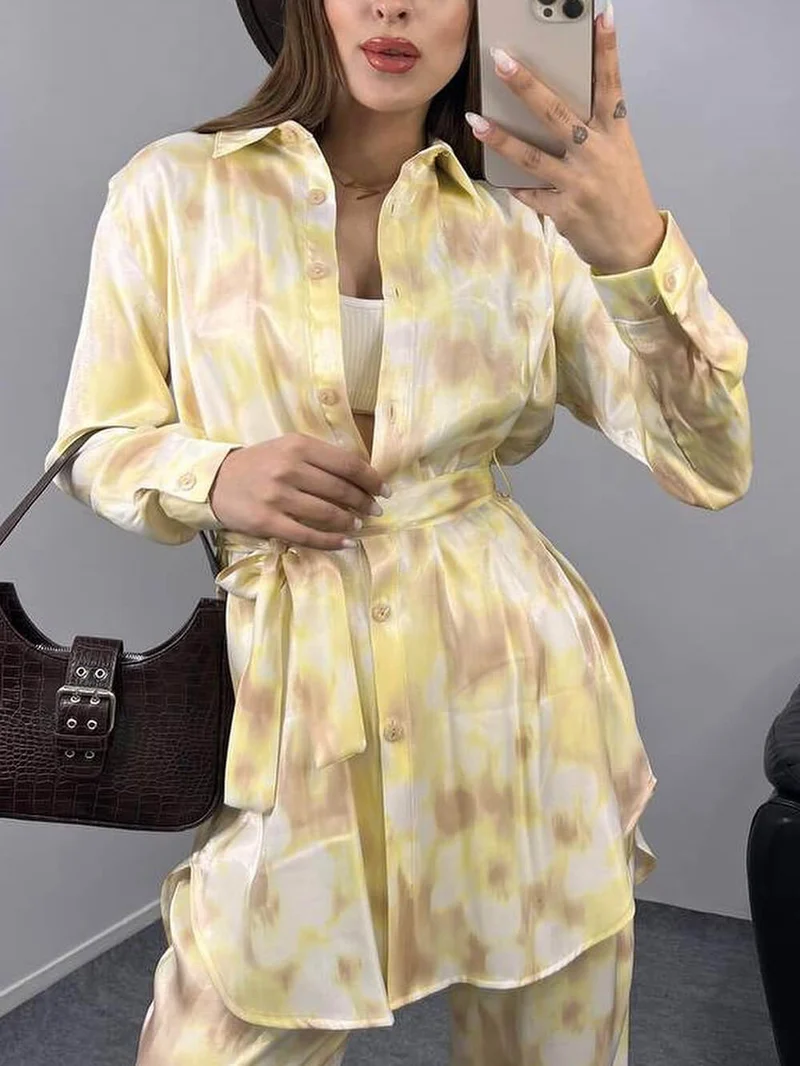 Unique Tie-Dye Print Loose Tie-Front Button-Up Shirt