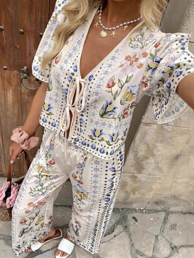 Unique Floral Print Tie-Front Top High-Waist Straight-Leg Pants Set