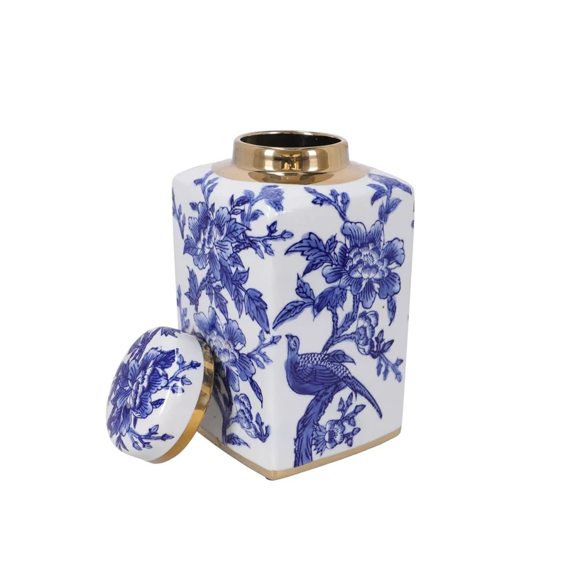 Pot à gingembre en porcelaine florale bleue et blanche avec bord doré