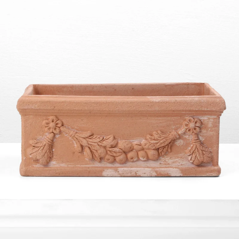 Pot de fleur rectangle avec relief en terre cuite