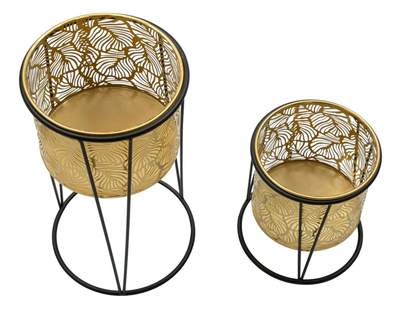 Pots de fleurs en métal doré motif feuilles avec supports